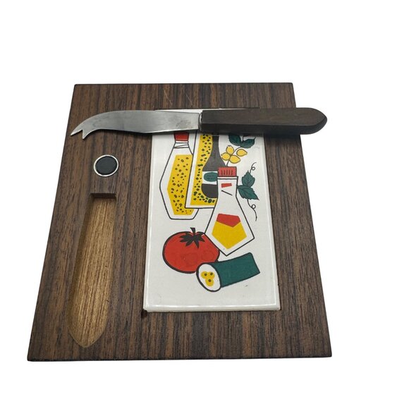 Vintage MCM Kitchen Wall Mounted Knife Holder Retro Food Graphics Ceramic Tile - Picture 2 of 4
